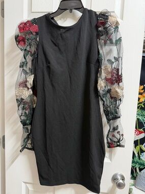 Black Dress with Embroidered Sheer Puff Sleeves